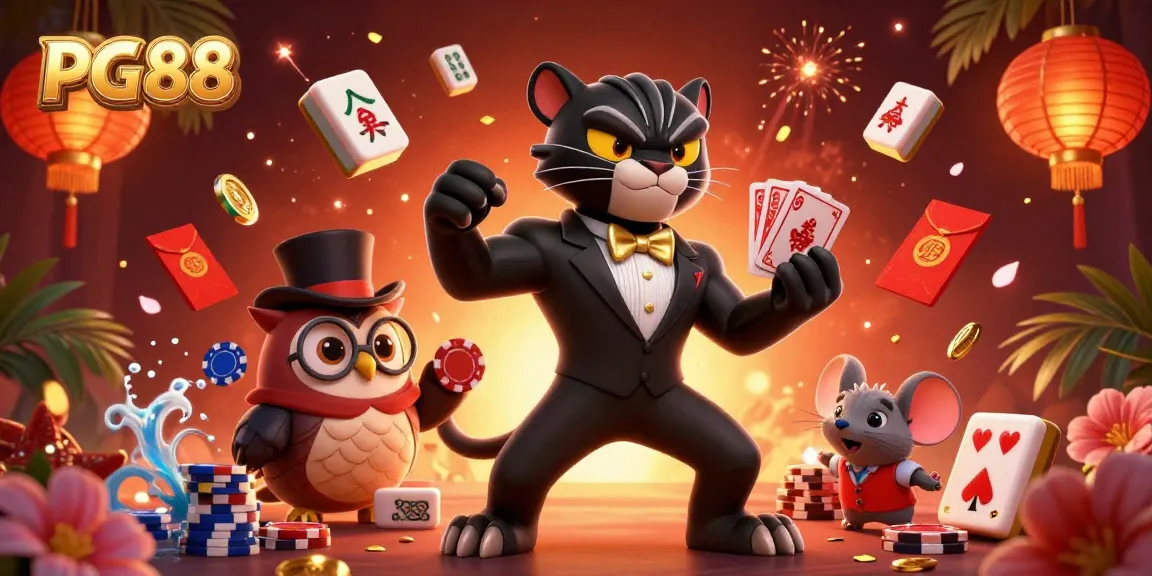 Engage in excitement at PG88 with a stylish panther dealer and playful owl amidst dynamic casino elements.