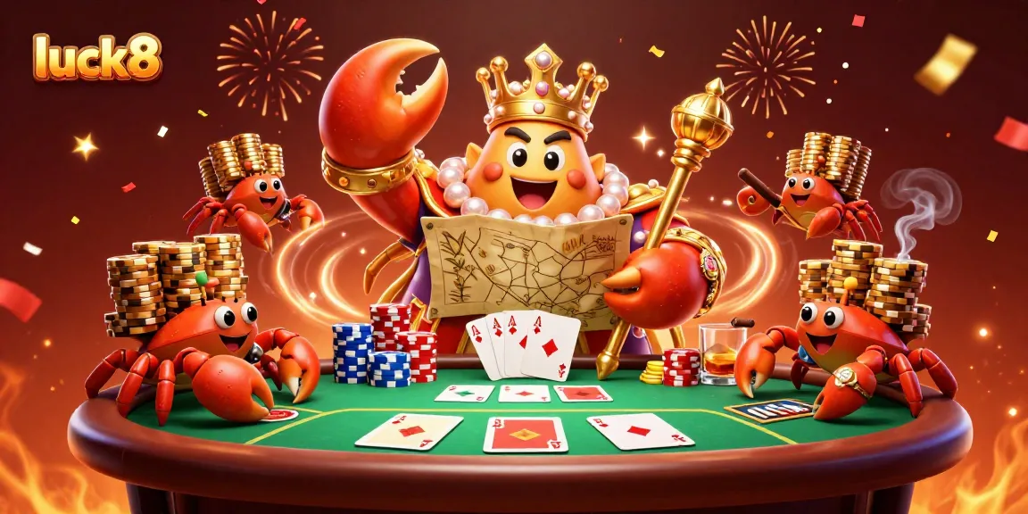 Experience the vibrant luck8 casino scene with a golden crab emperor and poker excitement.
