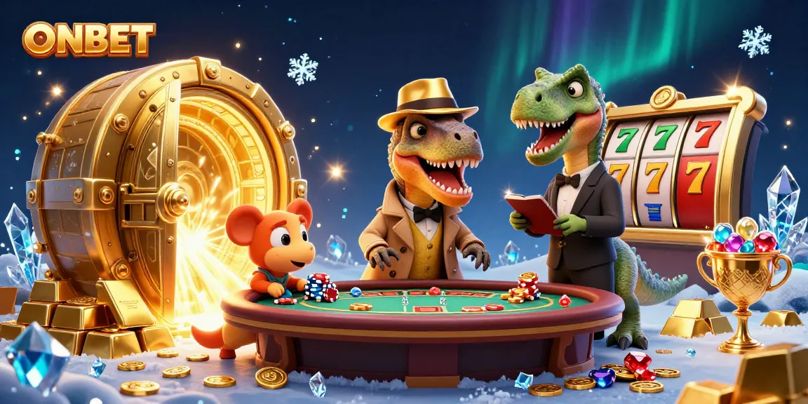 Experience ONBET's thrilling gameplay with a playful velociraptor at the blackjack table amidst sparkling riches.