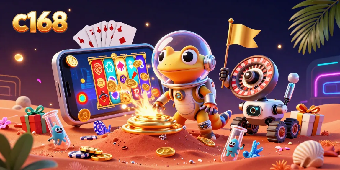 Play exciting slots at c168 with a Martian gecko discovering a hidden golden casino, cheering alien bacteria around.