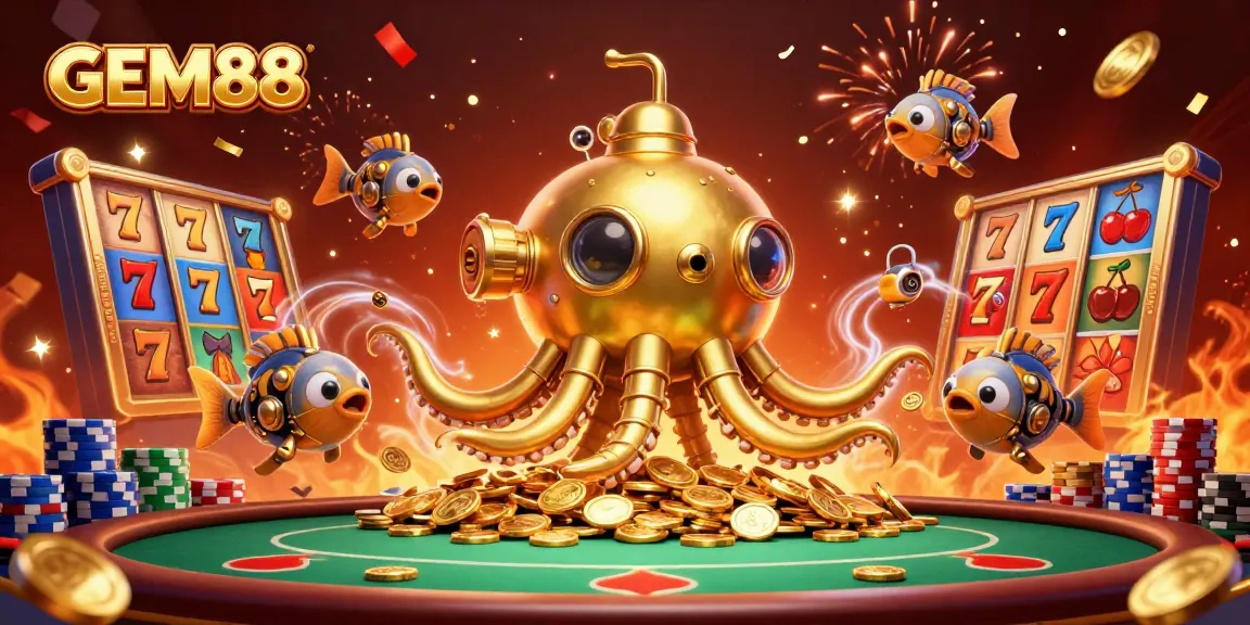 Experience GEM88’s thrilling underwater adventure with golden kraken and vibrant slot elements!