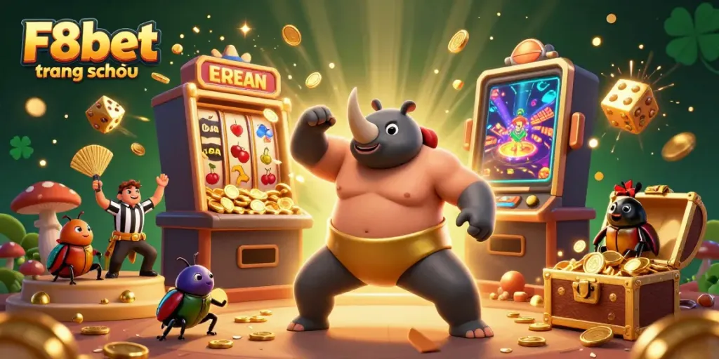 Experience the excitement of F8bet trang chủ with a vibrant scene featuring a sumo beetle champion and a slot machine jackpot.
