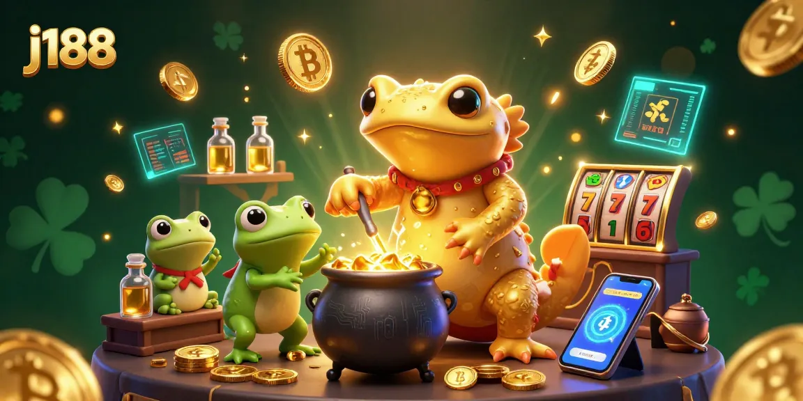 Win with j188 in this vibrant casino scene featuring alchemists, gold coins, and crypto elements.