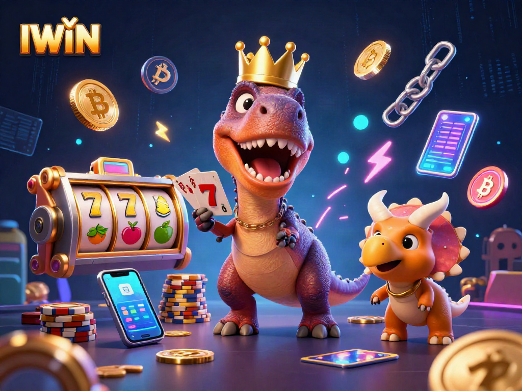 Engage with IWIN slot games featuring playful characters and neon crypto elements in action.