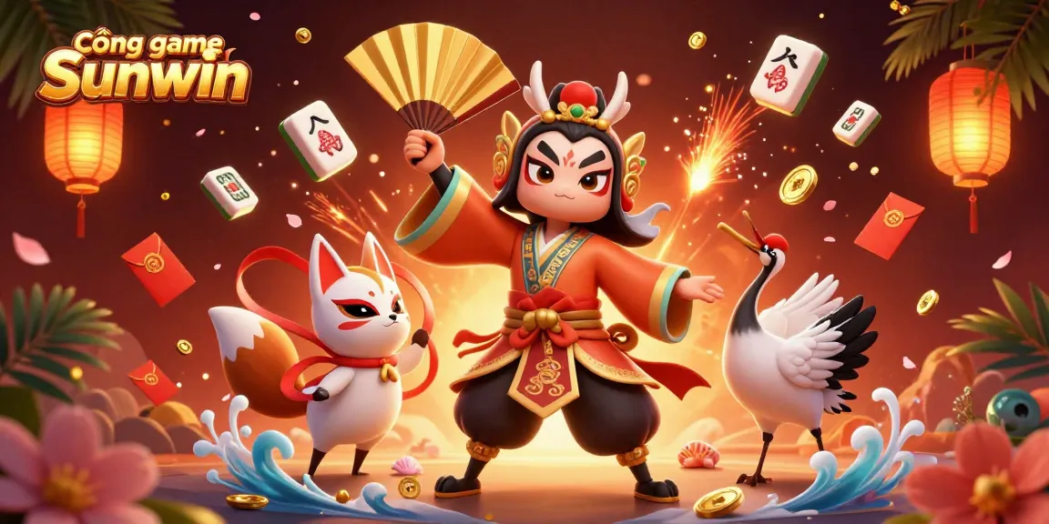 Experience the vibrant Cổng game Sunwin with a dynamic 3D battle scene featuring traditional elements and casino games.