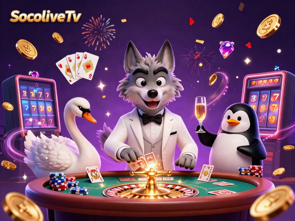 SocoliveTv offers thrilling gameplay with a luxurious baccarat scene featuring a debonair wolf and elegant characters.