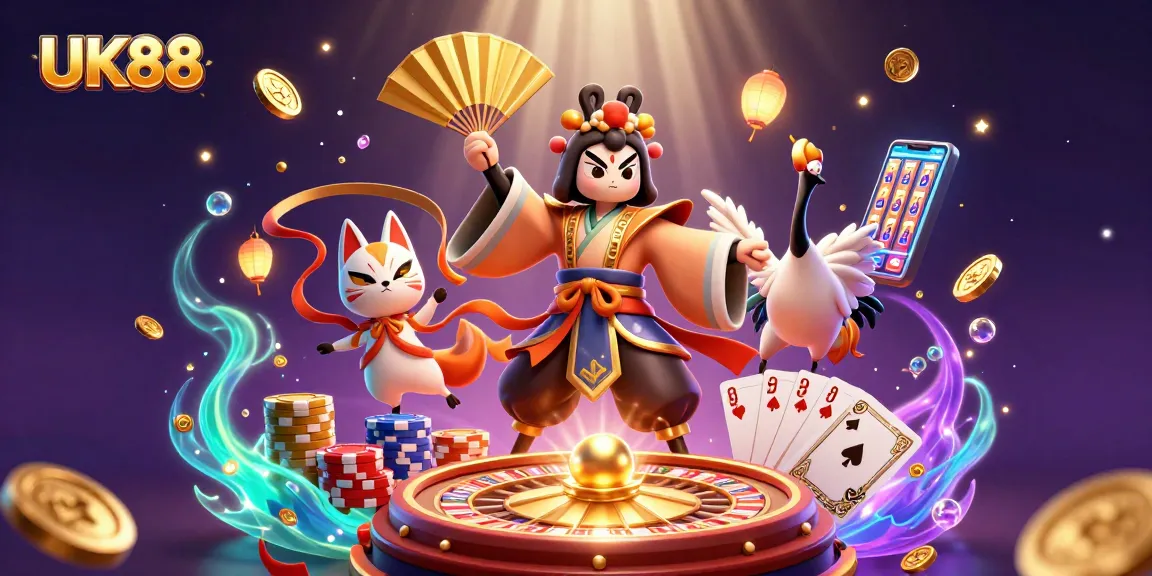 Winning at UK88 with 3D kabuki warrior and vibrant casino elements in action.