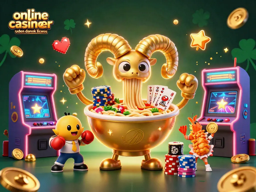 Engage with online casinoer uden dansk licens through a lively 3D illustration of a ramen bowl dealer amidst vibrant casino elements.