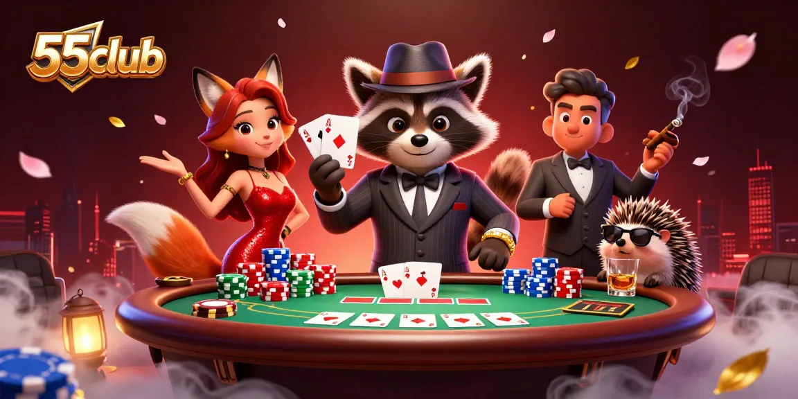 Engage in thrilling poker action at 55club featuring a suave raccoon, a fox lady, and vibrant casino elements.