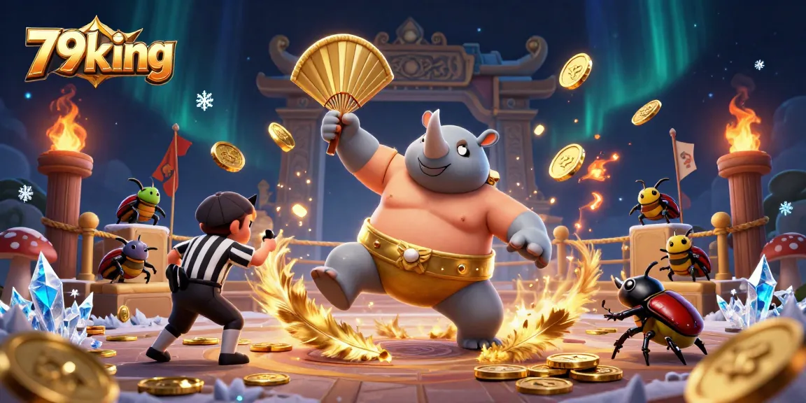 79king casino scene featuring a powerful beetle sumo champion amidst swirling golden coins and a lively betting arena.