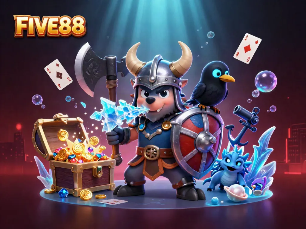 Experience the thrill at FIVE88 with a vibrant 3D casino scene full of treasures and characters.
