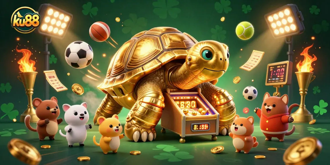 ku88 fantasy scene showcasing a golden tortoise pinball machine amidst dynamic sports elements and excitement.