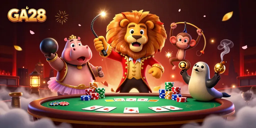 Join the excitement at GA28 with casino characters amidst stunning elements of poker and celebration.