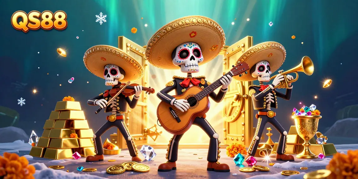 Experience the excitement with QS88, featuring vibrant sugar skull mariachi characters amidst treasures in a rich casino scene.