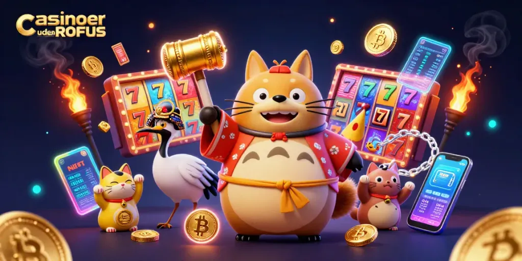 Engage with casinoer uden ROFUS through a vibrant 3D scene featuring playful characters and thrilling slot elements.