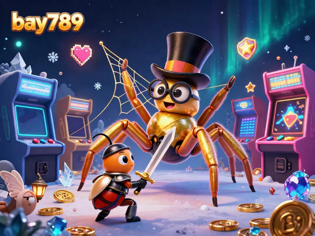 Experience the excitement of bay789 with a vibrant 3D cartoon illustration of a golden tarantula weaving a web among gaming machines.