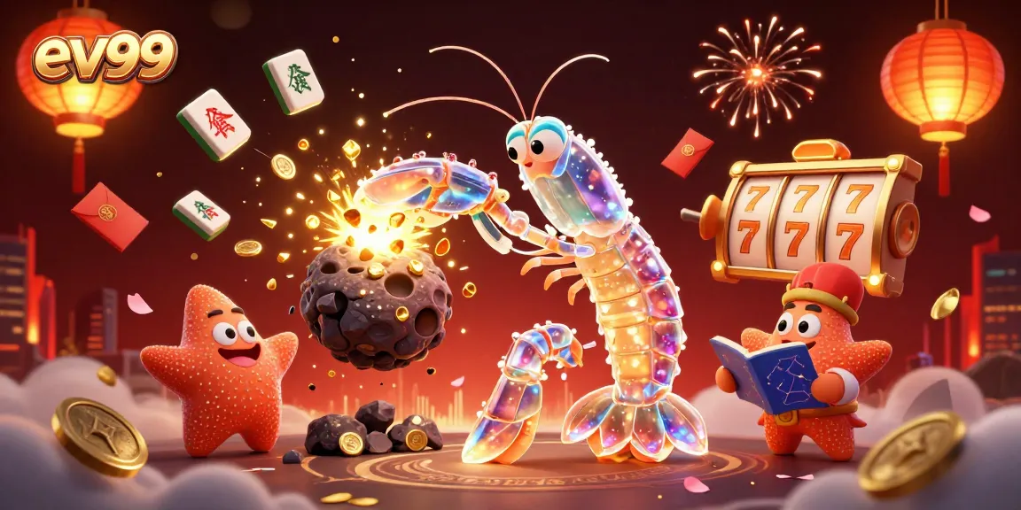 ev99 showcases a galactic samurai mantis shrimp engaging players with a casino atmosphere in a vibrant scene.