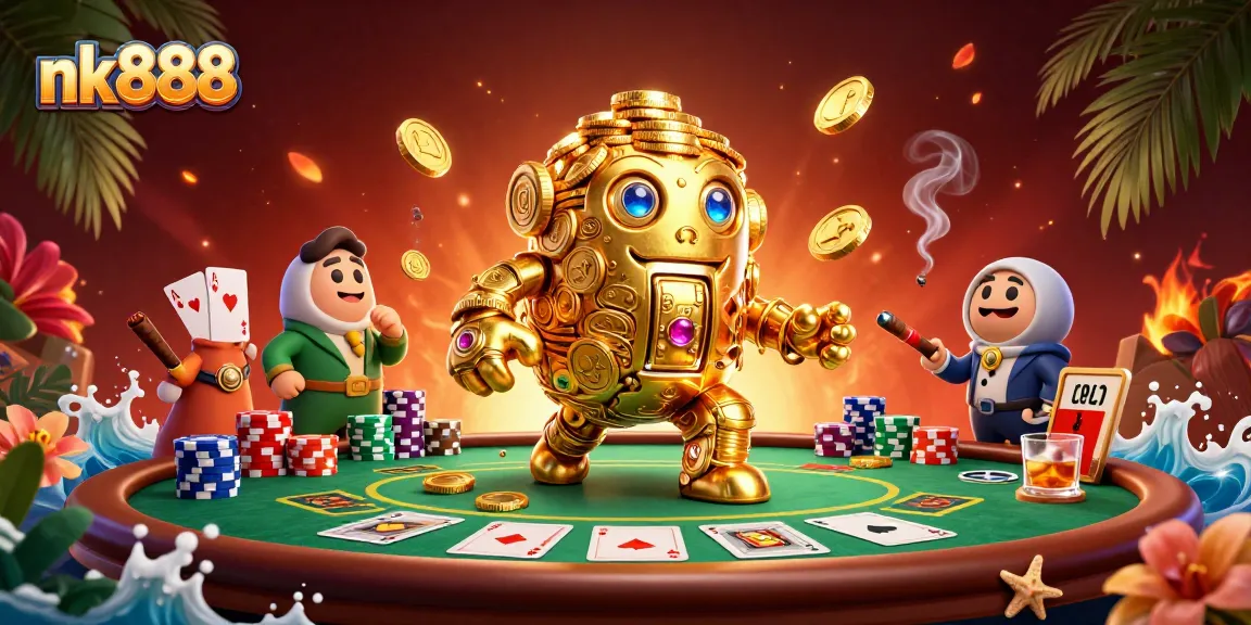 Play big on nk888 with a golden golem surrounded by poker elements and rich casino atmosphere.