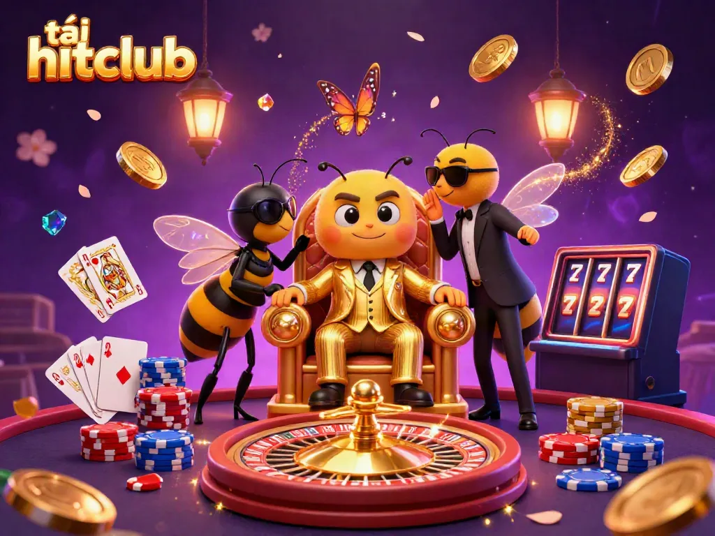 Engage with excitement while tải hitclub in a vibrant casino atmosphere filled with golden coins, colorful poker chips, and a dynamic scene.
