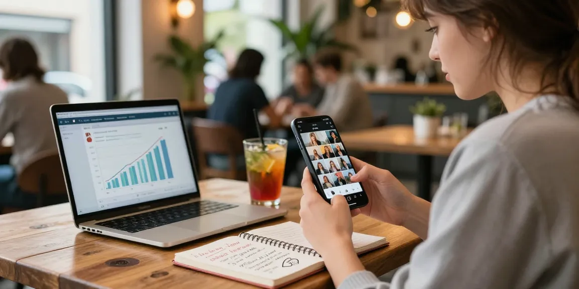 Instagram Likes kaufen: Influencer im Café, Smartphone und Notizen zur Strategie