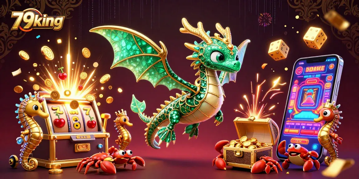 Experience the excitement of winning with 79king as vibrant slot elements and a sea dragon create a rich casino fantasy.