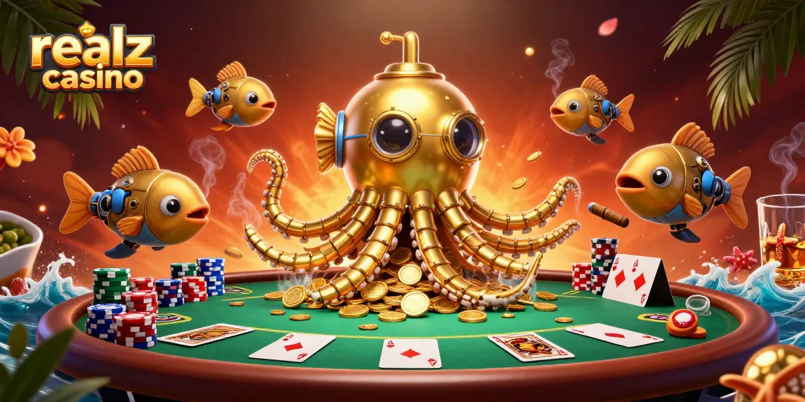 Engage with realz casino's vibrant theme, featuring a golden kraken submarine amidst poker elements.