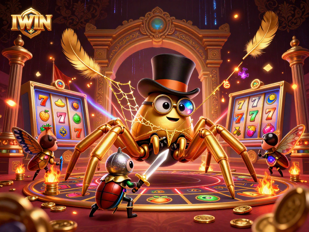 IWIN casino scene with a golden tarantula, a brave beetle knight, and vibrant slot machines.