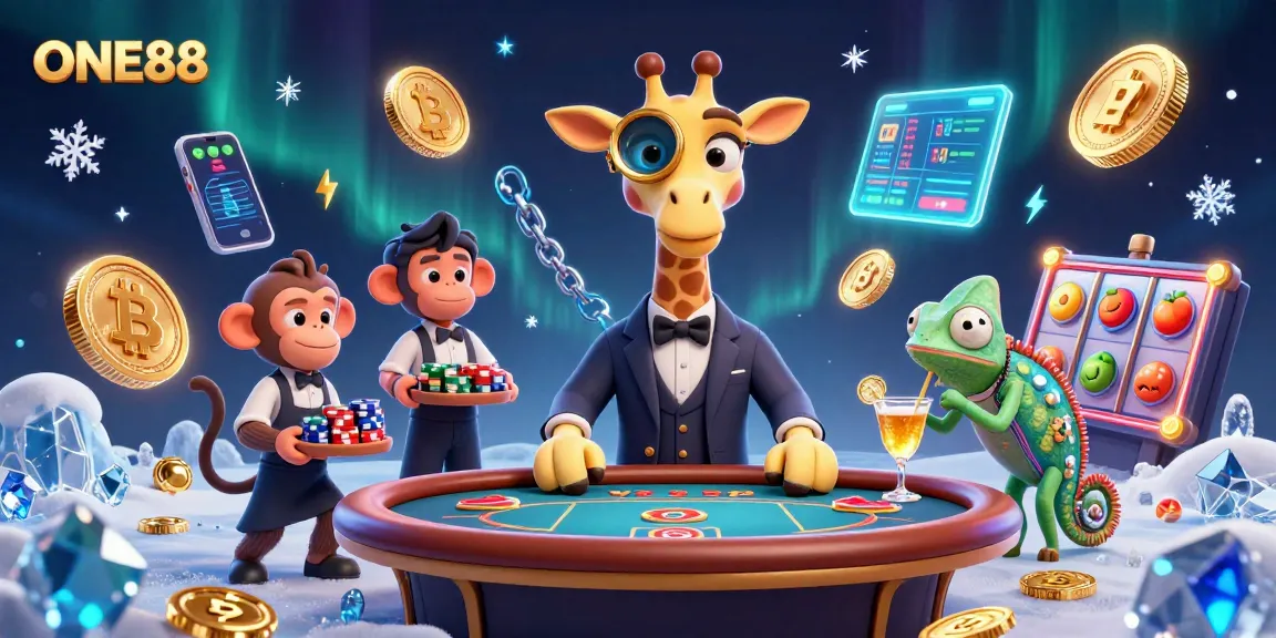 Experience exciting winning moments at ONE88, featuring a giraffe at a vibrant poker table with crypto coins.