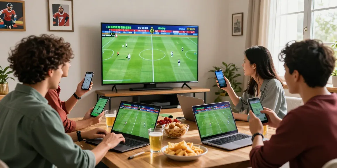 Freunde erleben fussball wetten online während eines Live-Spiels mit Begeisterung und modernen Geräten in einem einladenden Ambiente.