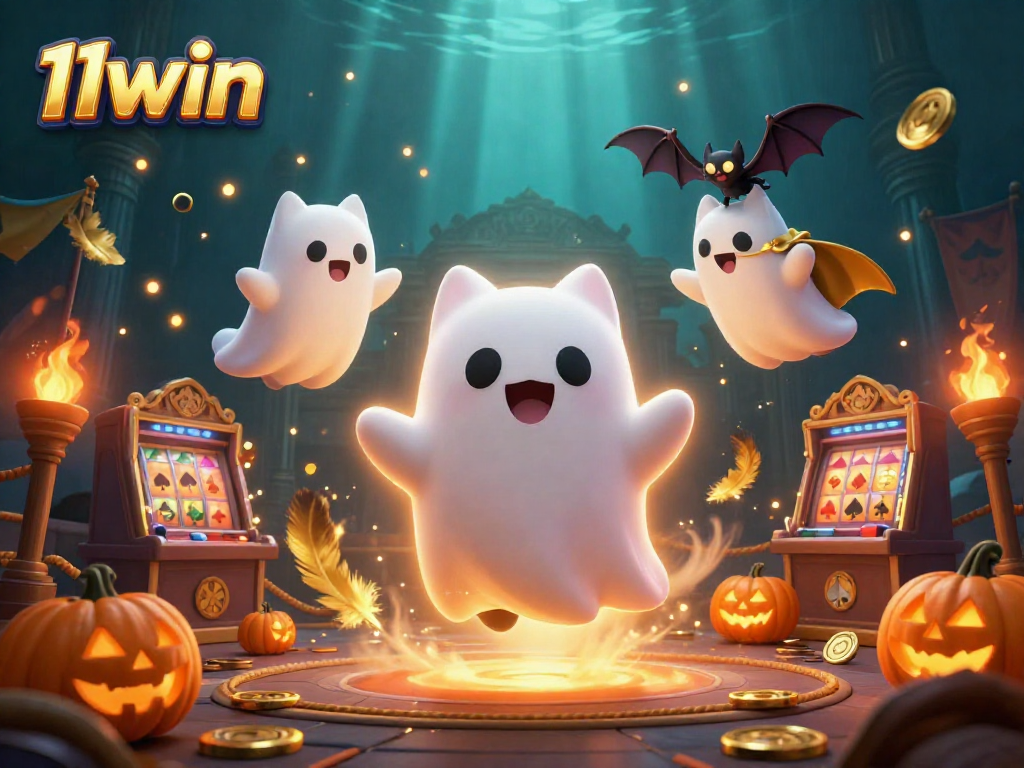 Experience thrilling 11win casino action with a friendly ghost cat and vampire bat in a haunted setting.