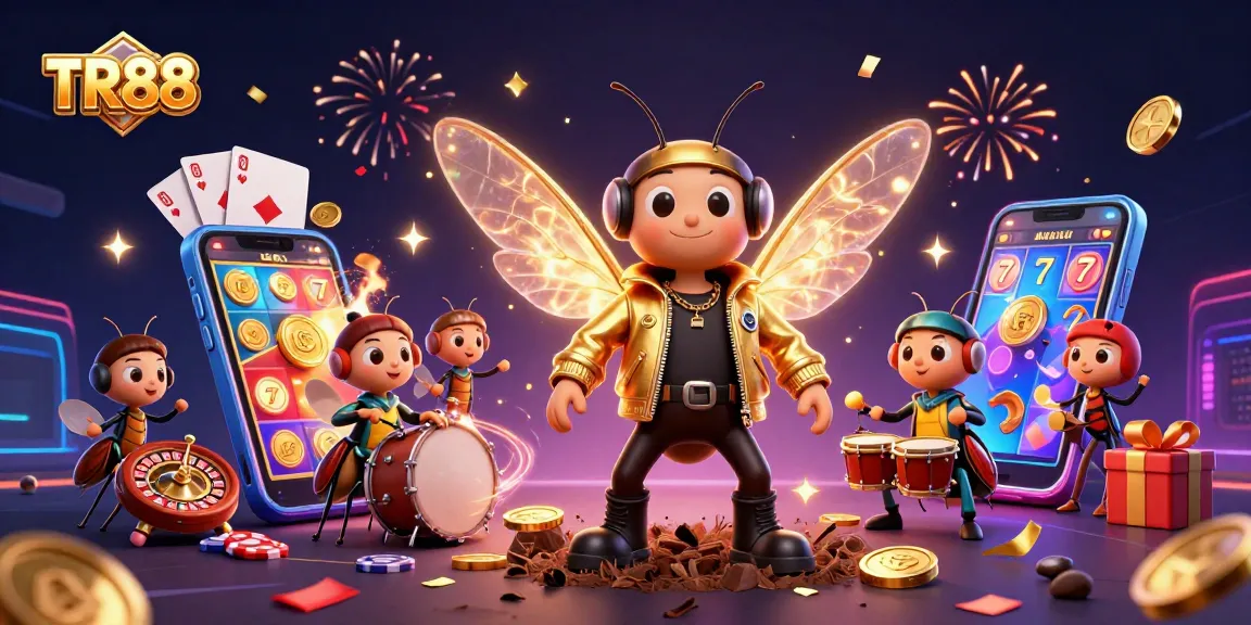 TR88 slot game celebration with a rock star cicada and vibrant casino details