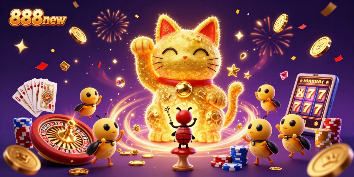 Engage with the vibrant world of 888new as a giant lucky cat amidst a celebration of casino symbols, coins, and excitement!