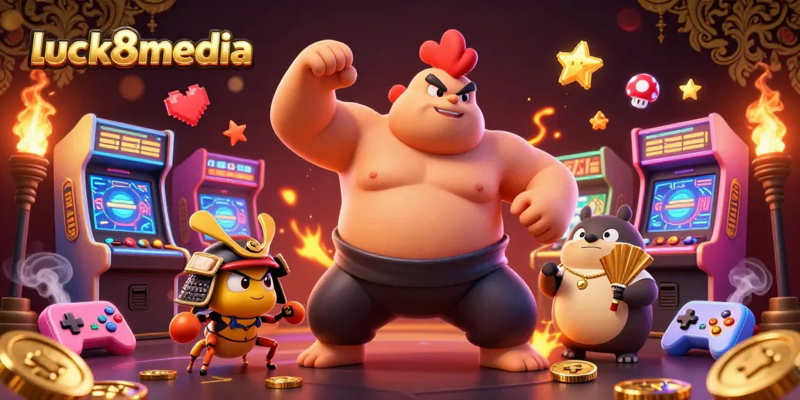 Engage with luck8media's vibrant casino scene featuring a powerful sumo wrestler and dynamic gaming elements.