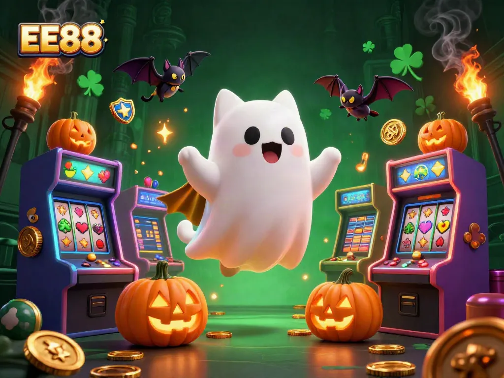 Engage with EE88's vibrant ghost cat character in a dynamic haunted casino setting.