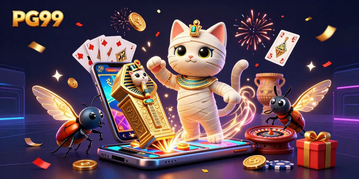Engage with PG99's thrilling casino experience featuring an Egyptian mummy cat, a scarab, and dynamic gaming elements.