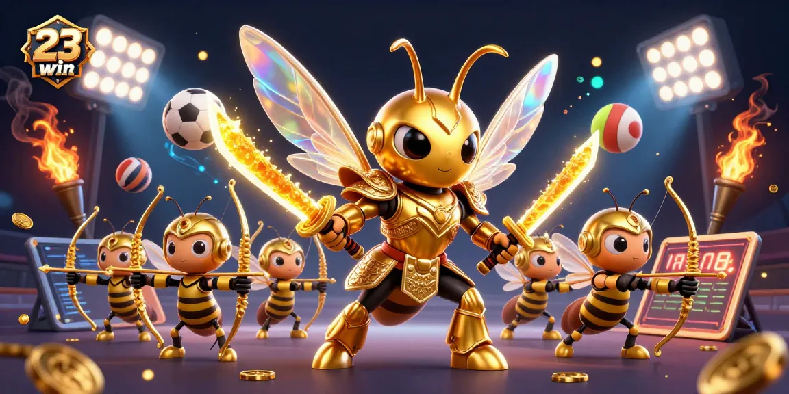 Experience thrilling action at 23win casino with dynamic sports-themed 3D illustration featuring golden hornet warriors.