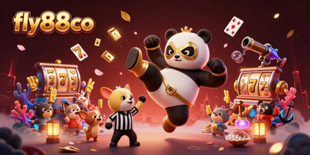 Engage with the thrilling slots experience at fly88co featuring an energetic panda wrestler in a dynamic casino scene.