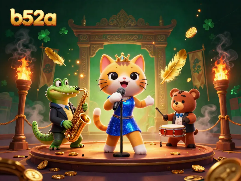 Engaging scene with b52a, featuring a jazz-singer cat and a saxophone crocodile in a lively casino atmosphere.