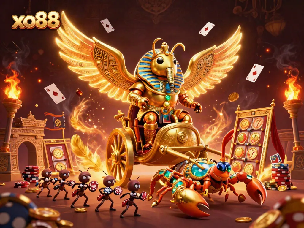 Experience thrilling casino action with the xo88 golden scarab beetle and poker chips galore.