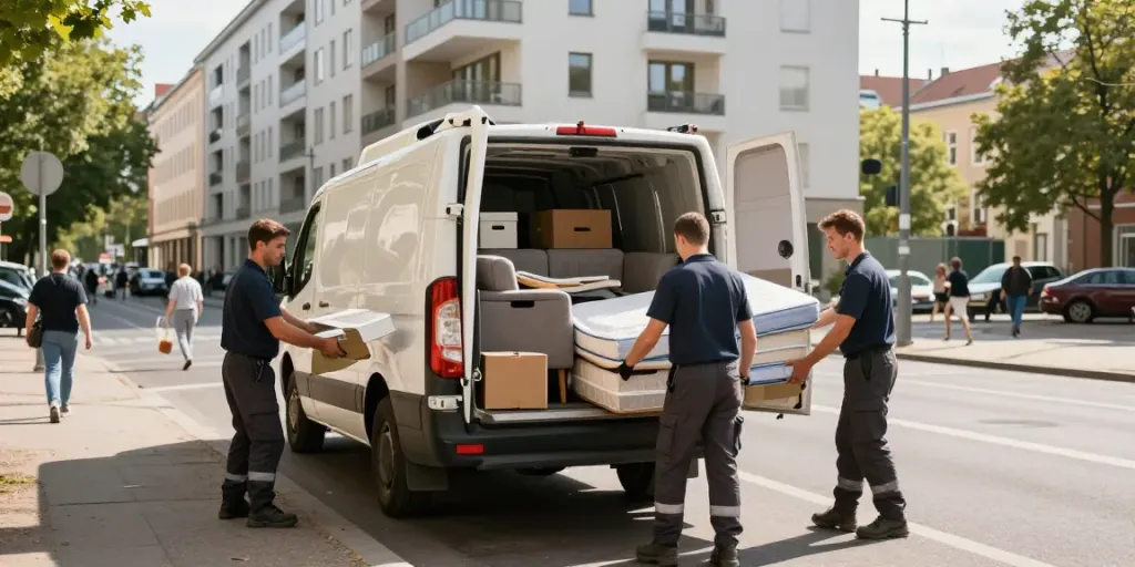 Professionelles Team für Wohnungsentrümpelung Berlin lädt Möbel ins Fahrzeug.