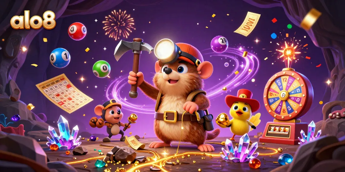 Discover vibrant excitement at alo8 with thrilling lottery elements and a dynamic treasure hunt scene.