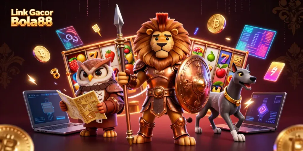 Engage with Link Gacor Bola88 in an immersive slot experience, showcasing vibrant characters and game elements.