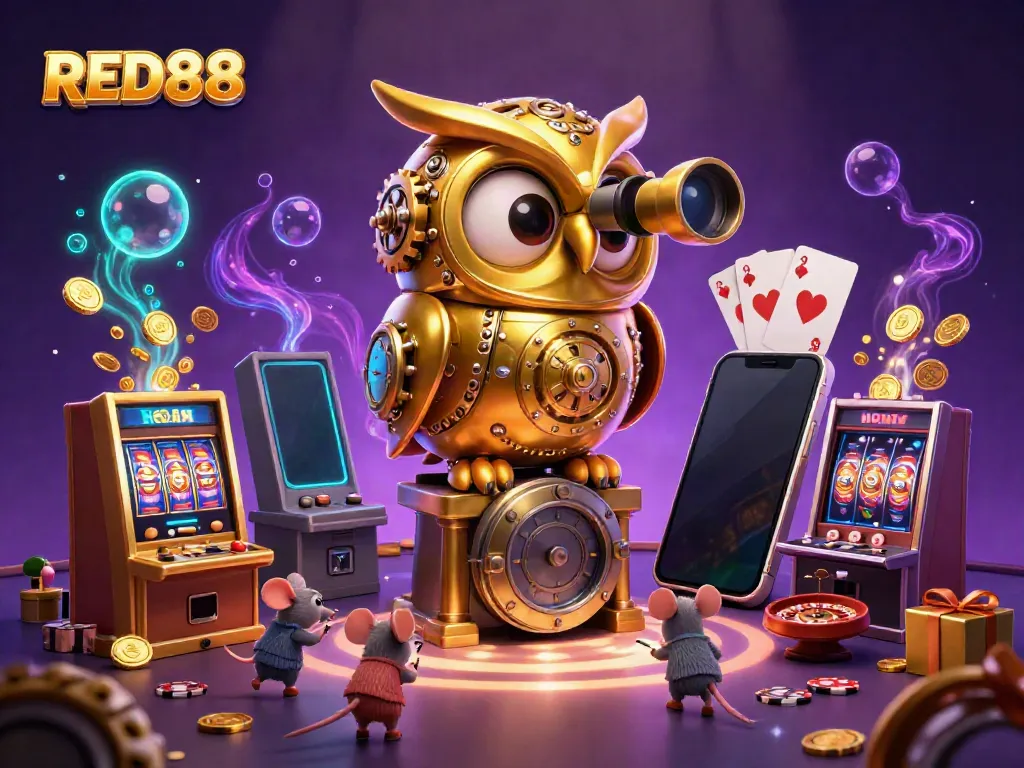 Win big with RED88 in an immersive casino scene featuring a whimsical owl and vibrant gaming elements