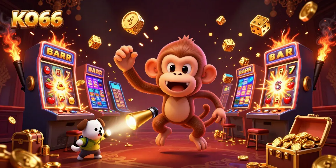 Experience the thrilling world of KO66 with a playful ghost and treasures in a lively casino scene.