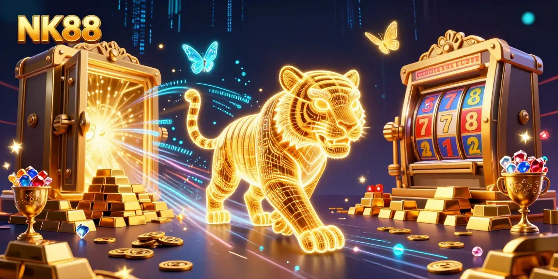 Experience the thrill of NK88 slots with golden treasures and vibrant energy in a dazzling digital casino landscape.