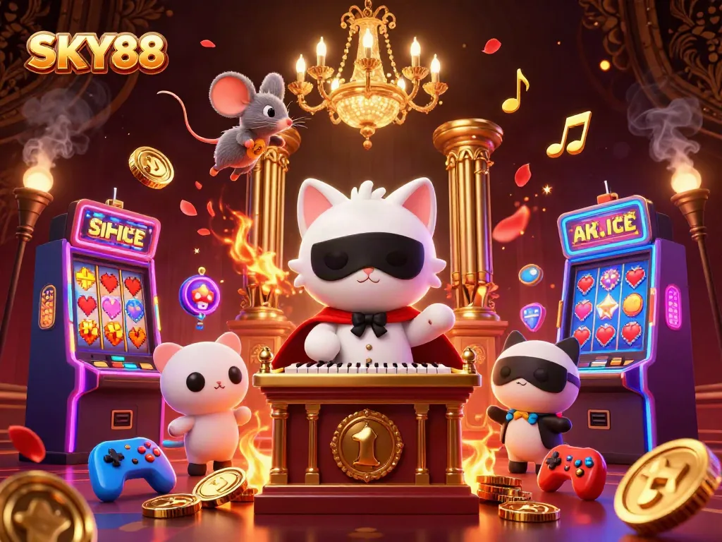Experience the vibrant gaming atmosphere of SKY88 with a captivating 3D casino illustration.