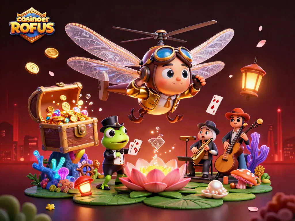 Engage in thrilling 'casinoer uden ROFUS' action with a dragonfly pilot and frog croupier in this vibrant 3D illustration.
