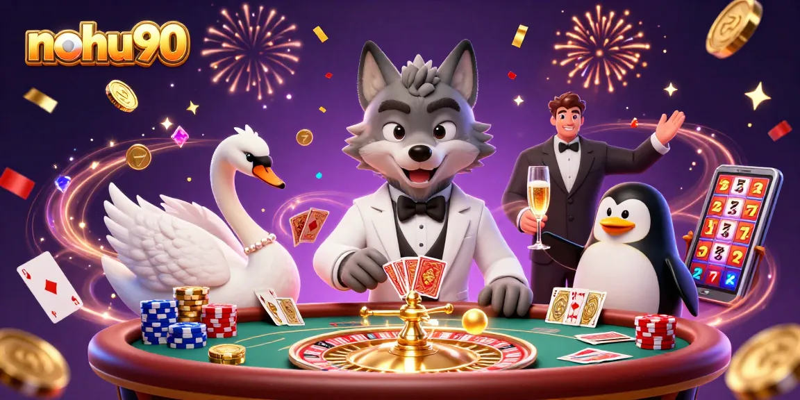 Engage with nohu90's exciting casino scene featuring a charming wolf, swan, and penguin amid dazzling game elements.