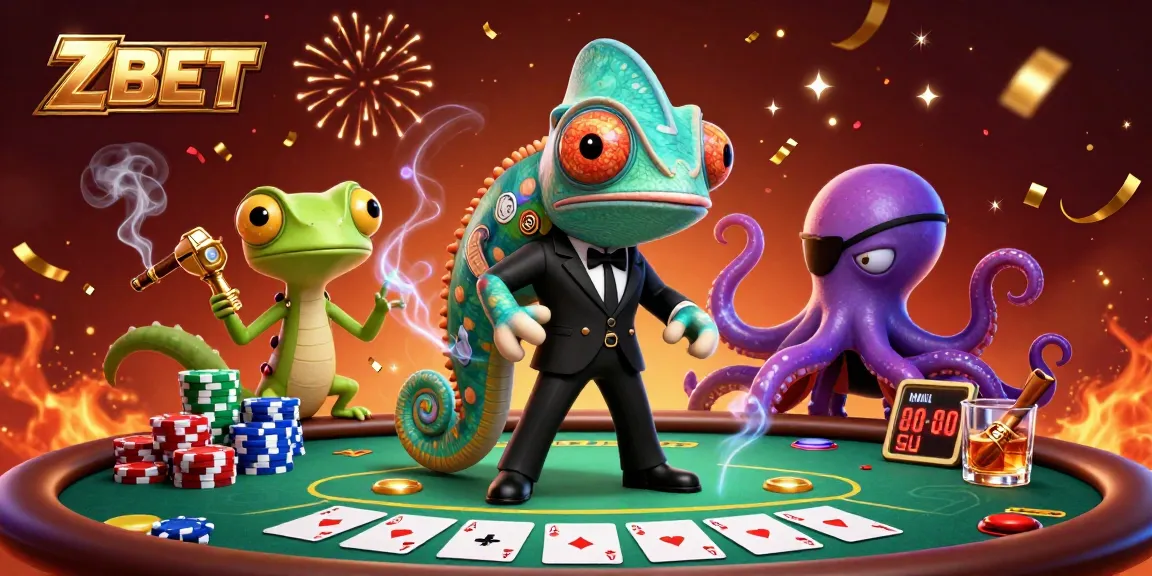 ZBET showcases thrilling poker action with a colorful chameleon and tech-gecko characters surrounded by chips and cards.