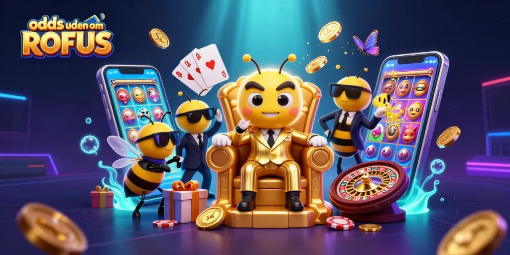 Experience thrilling odds uden om ROFUS with dynamic casino elements in colorful 3D illustration.